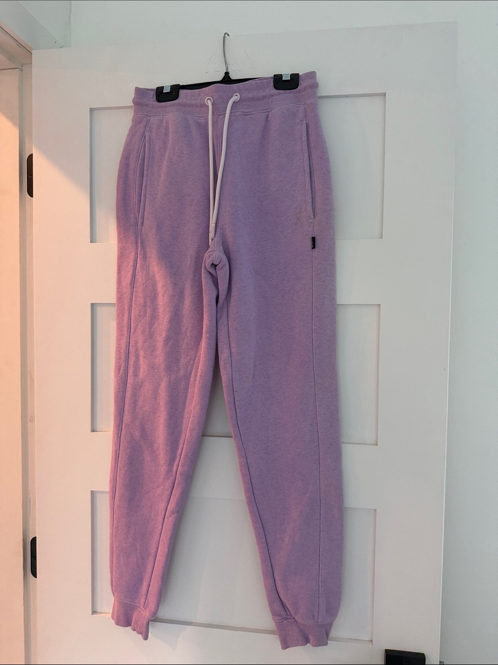 Lavender Jogger Sweatpants with Drawstring small stain on right side near pocket